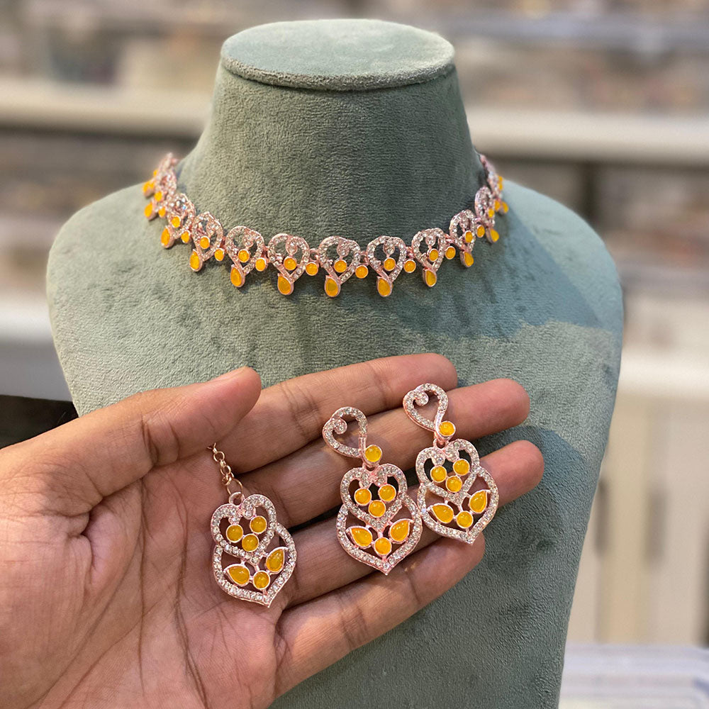 Hira Collection Designer Crystal Stone Necklace Set with Matching Earrings & Maangtikka