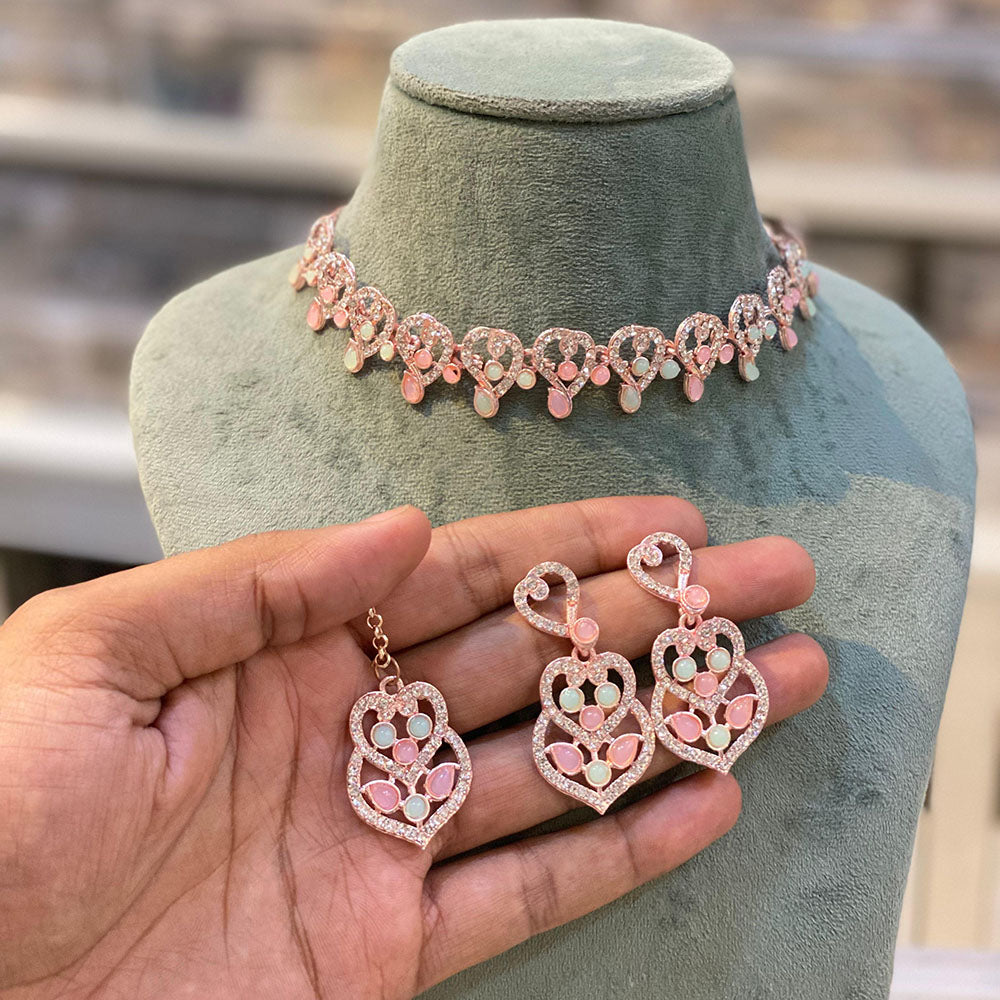 Hira Collection Designer Crystal Stone Necklace Set with Matching Earrings & Maangtikka
