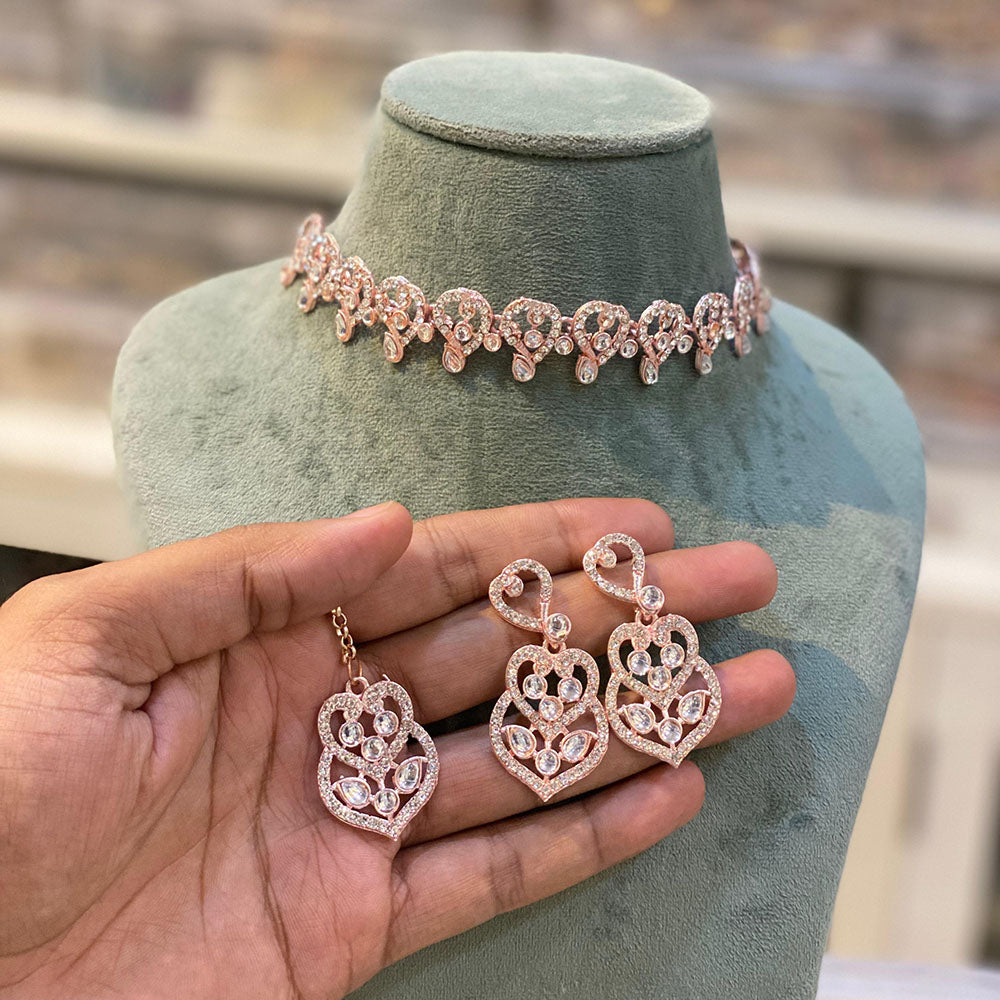 Hira Collection Designer Crystal Stone Necklace Set with Matching Earrings & Maangtikka