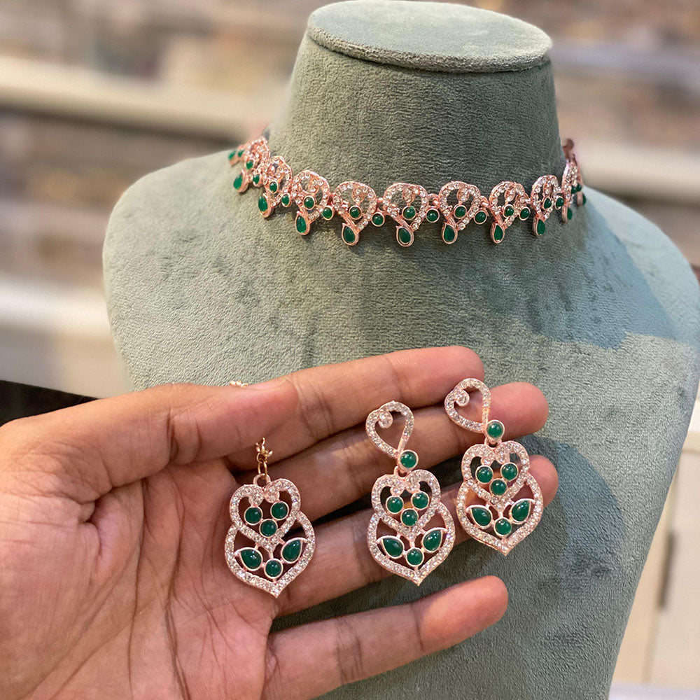 Hira Collection Designer Crystal Stone Necklace Set with Matching Earrings & Maangtikka