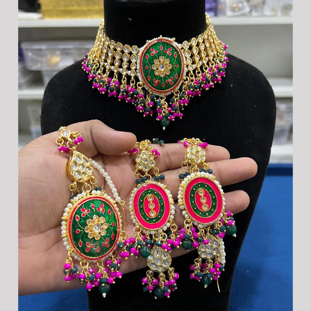 Hira Collection Designer Kundan Stone And Beads Heavy Choker Necklace Set Green Pink