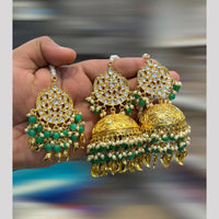 Hira Collections Gold Plated Kundan Stone And Pearls Jhumki Earrings With Maangtikka