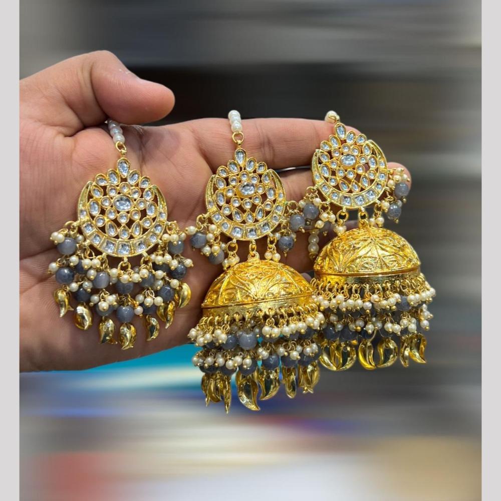 Hira Collections Gold Plated Kundan Stone And Pearls Jhumki Earrings With Maangtikka