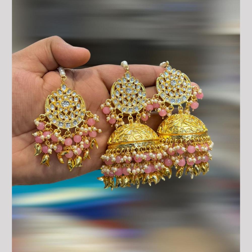 Hira Collections Gold Plated Kundan Stone And Pearls Jhumki Earrings With Maangtikka