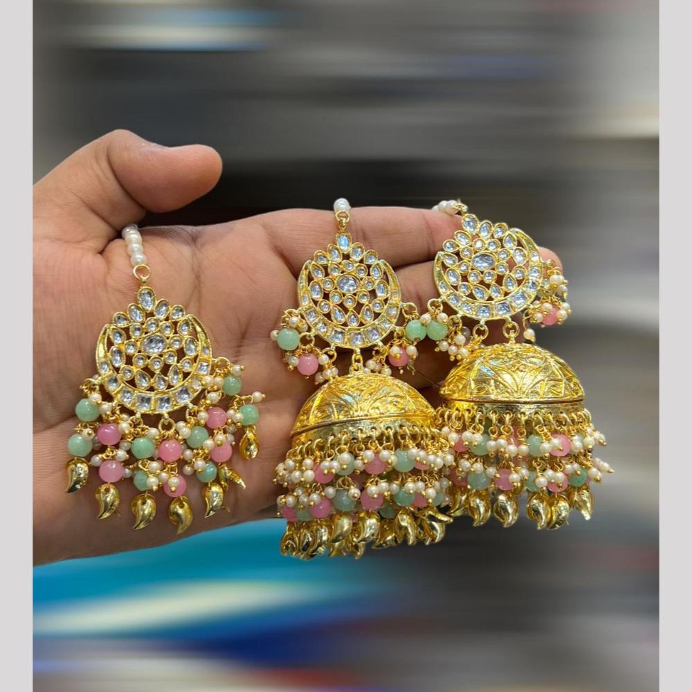 Hira Collections Gold Plated Kundan Stone And Pearls Jhumki Earrings With Maangtikka
