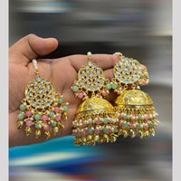 Hira Collections Gold Plated Kundan Stone And Pearls Jhumki Earrings With Maangtikka