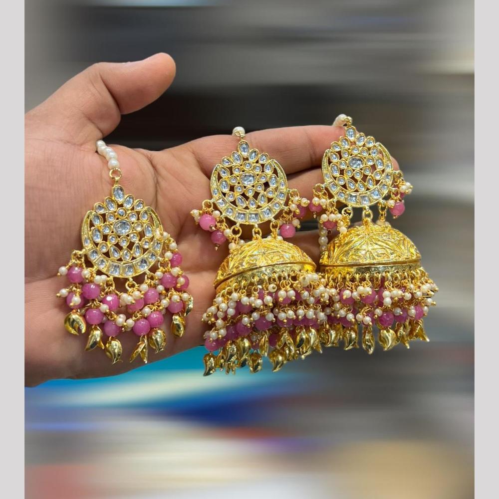 Hira Collections Gold Plated Kundan Stone And Pearls Jhumki Earrings With Maangtikka