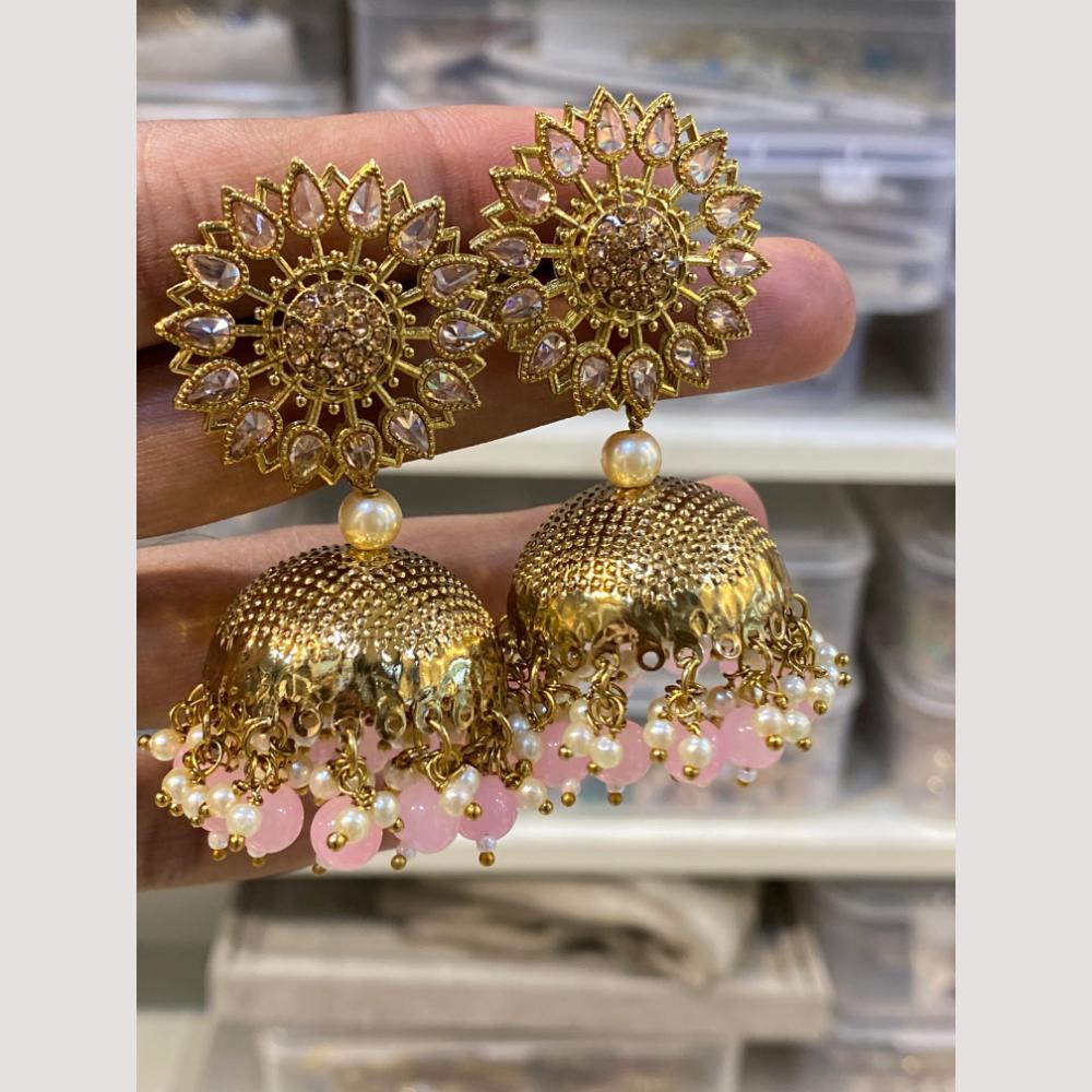 Hira Collections Traditional Gold-Plated Floral Kundan Jhumka Earrings with Pearls & Beads