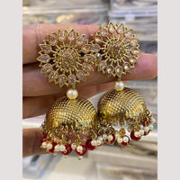 Hira Collections Traditional Gold-Plated Floral Kundan Jhumka Earrings with Pearls & Beads