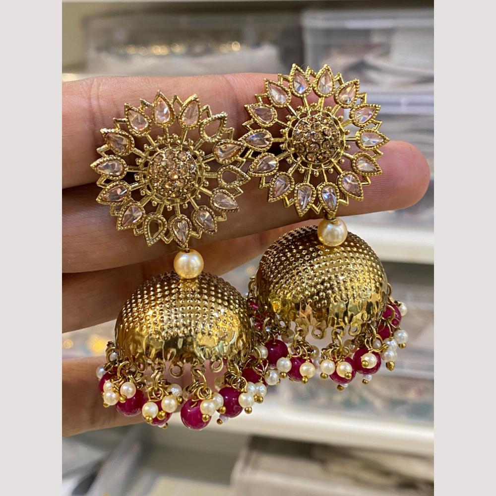 Hira Collections Traditional Gold-Plated Floral Kundan Jhumka Earrings with Pearls & Beads