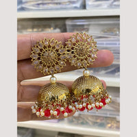 Hira Collections Traditional Gold-Plated Floral Kundan Jhumka Earrings with Pearls & Beads