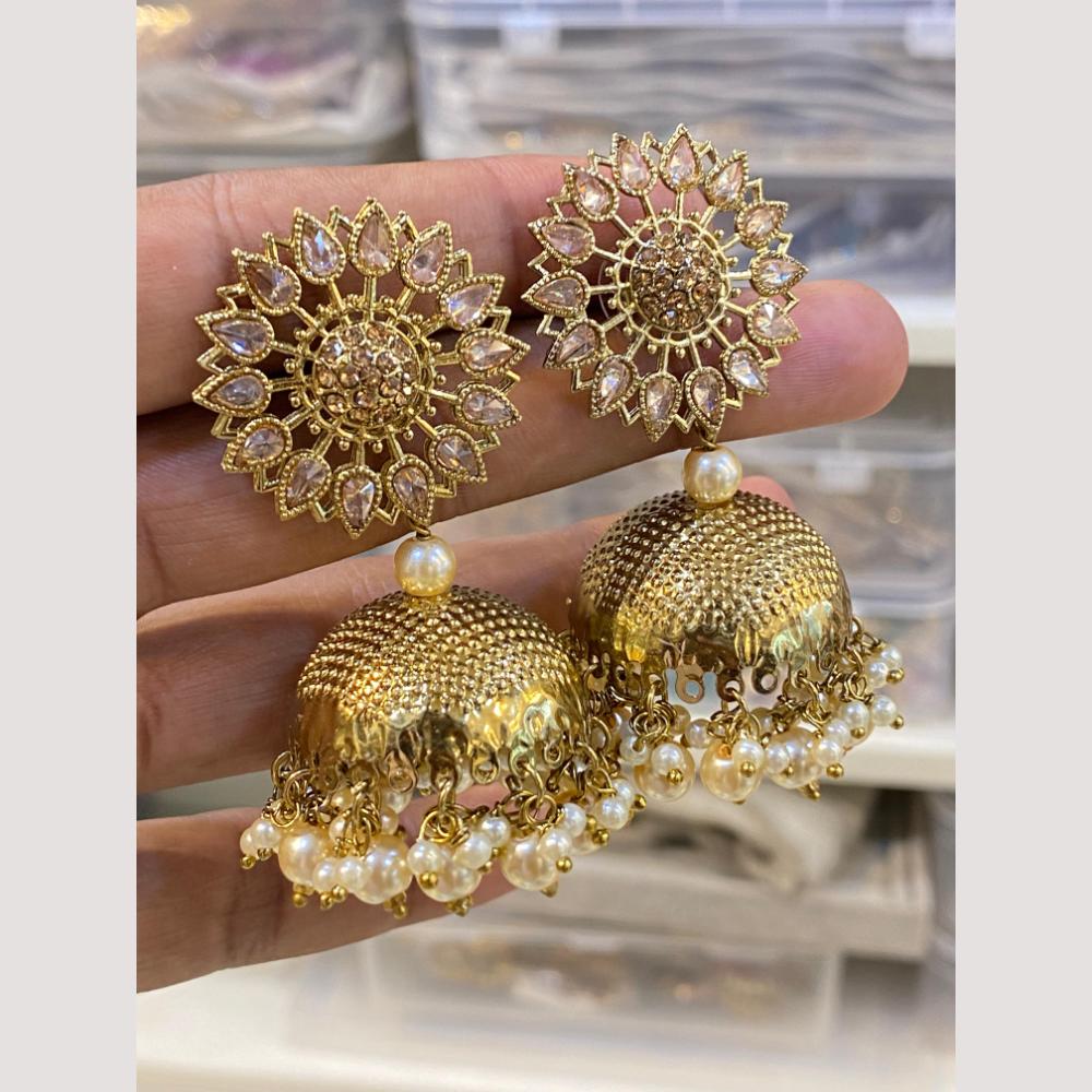 Hira Collections Traditional Gold-Plated Floral Kundan Jhumka Earrings with Pearls & Beads