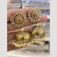Hira Collections Traditional Gold-Plated Floral Kundan Jhumka Earrings with Pearls & Beads