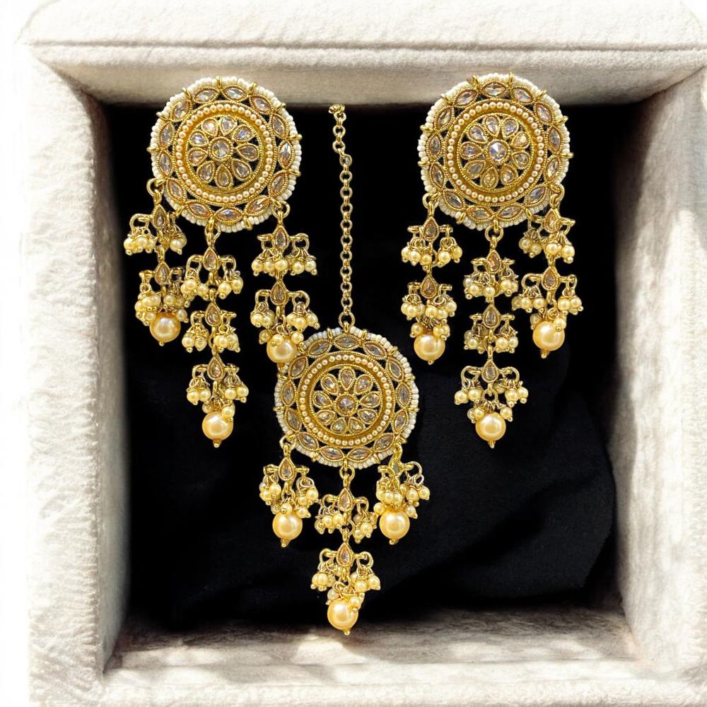 Hira Collections Antique Floral Design Kundan Earrings and Maang Tikka Set with Pearls