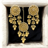 Hira Collections Antique Floral Design Kundan Earrings and Maang Tikka Set with Pearls