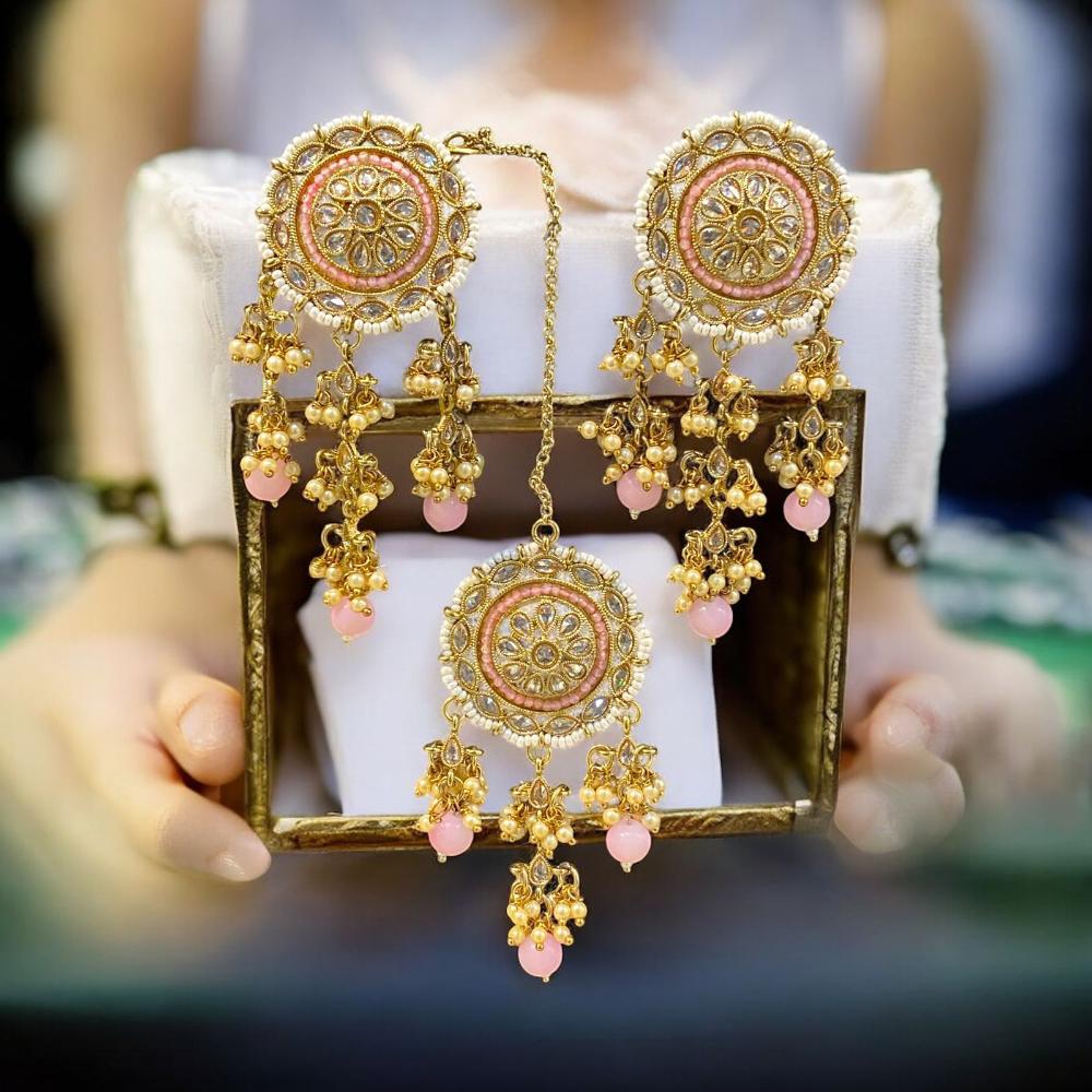 Hira Collections Antique Floral Design Kundan Earrings and Maang Tikka Set with Pearls