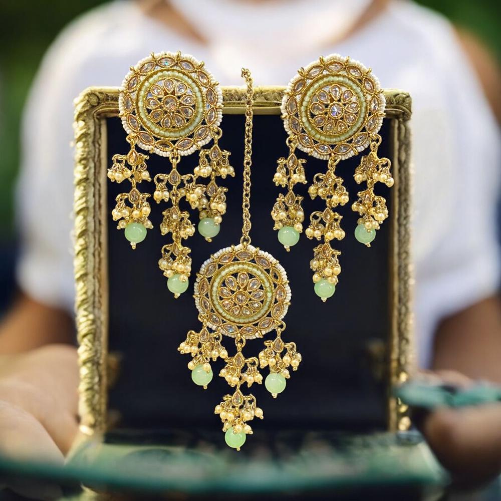 Hira Collections Antique Floral Design Kundan Earrings and Maang Tikka Set with Pearls