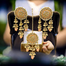 Hira Collections Antique Floral Design Kundan Earrings and Maang Tikka Set with Pearls