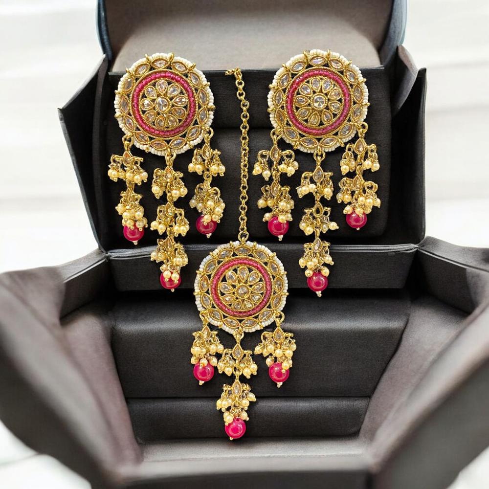Hira Collections Antique Floral Design Kundan Earrings and Maang Tikka Set with Pearls