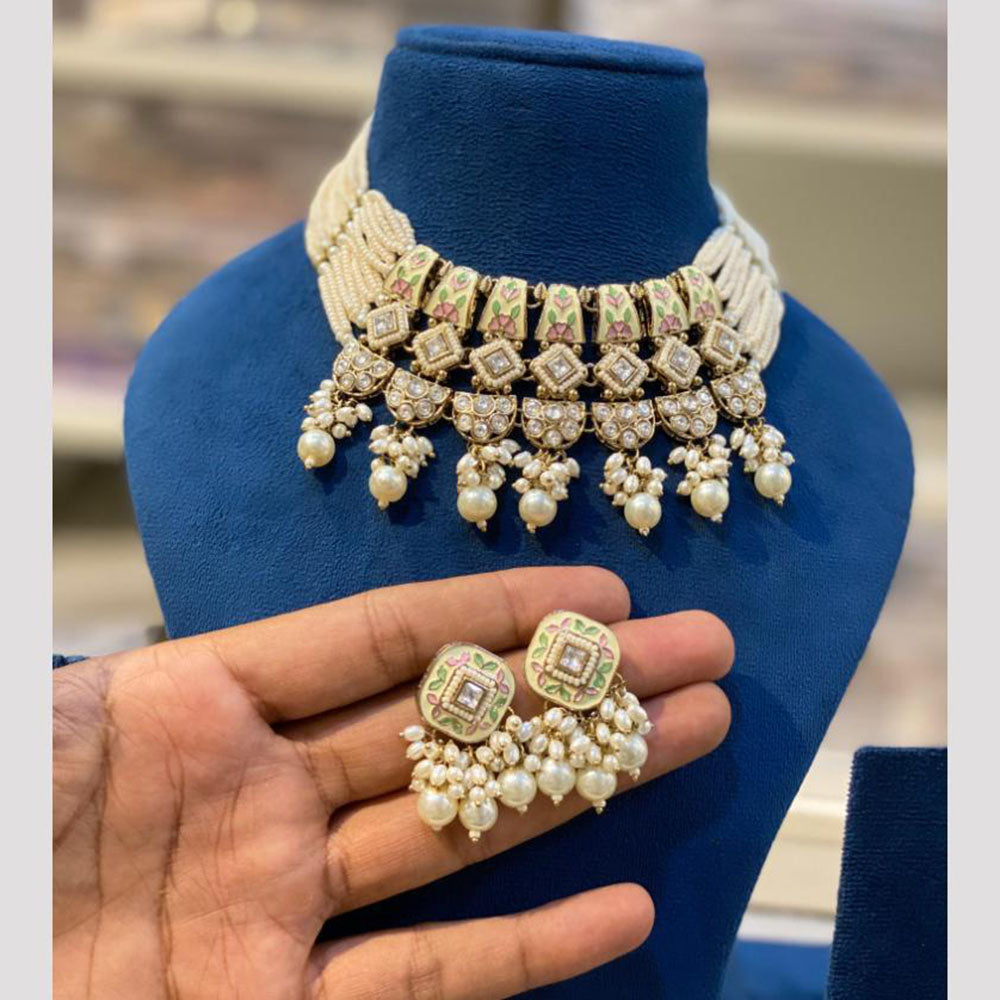 Hira Collection Elegant Kundan And Meenakari Pearl Choker Necklace Set