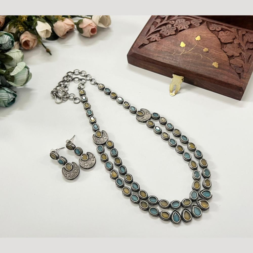 Hira Collections Antique Finish Monalisa Stone Dual Layer Long Necklace Set