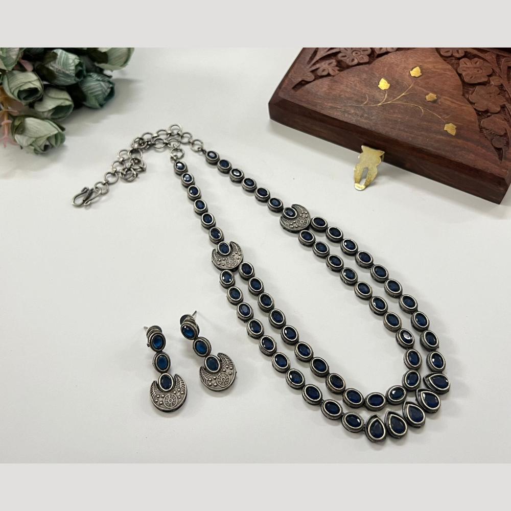 Hira Collections Antique Finish Monalisa Stone Dual Layer Long Necklace Set