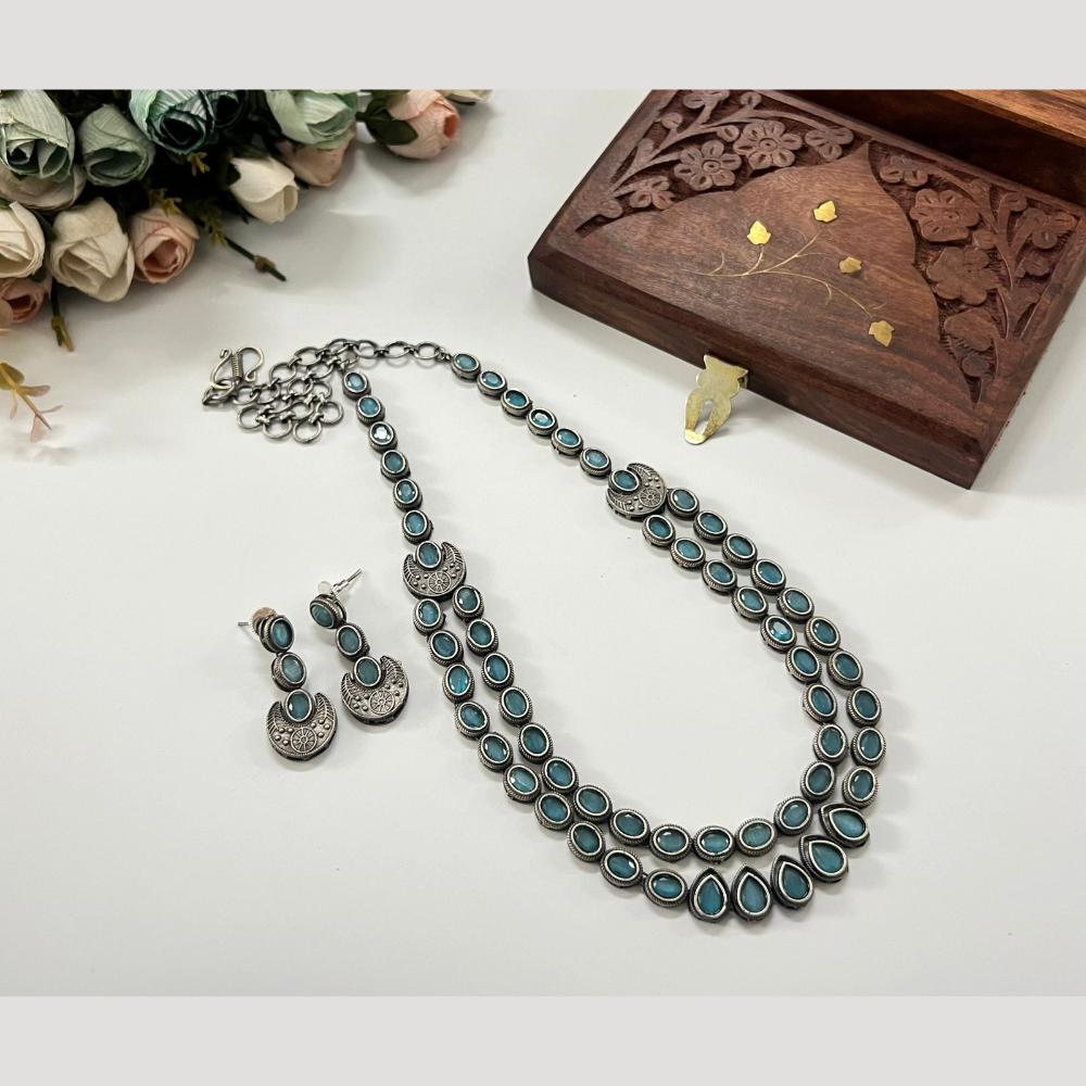 Hira Collections Antique Finish Monalisa Stone Dual Layer Long Necklace Set