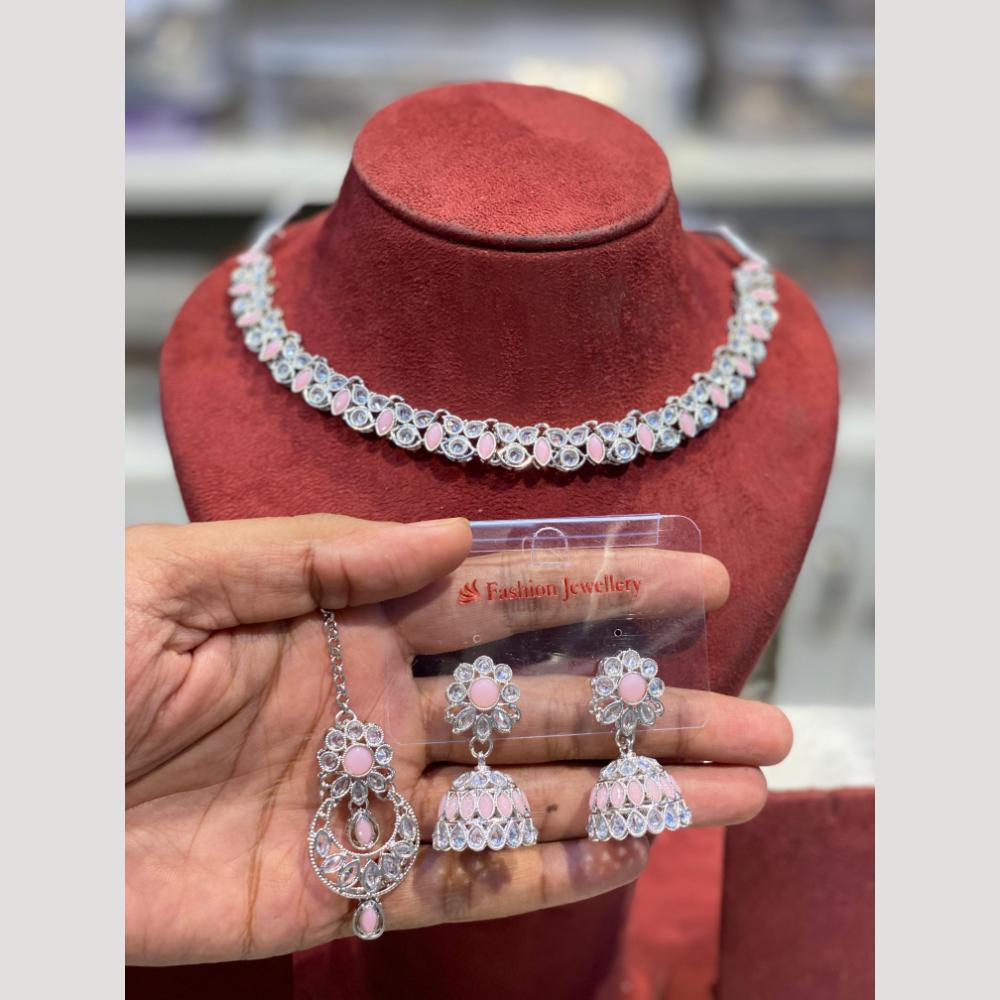 Hira Collections Sparkling Rodium Plated Crystal stone Necklace Set for Festive Functions