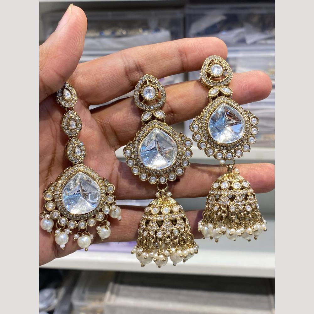 Hira Collections Sparkling Crystal Stone & Beads Earrings With Maangtikka