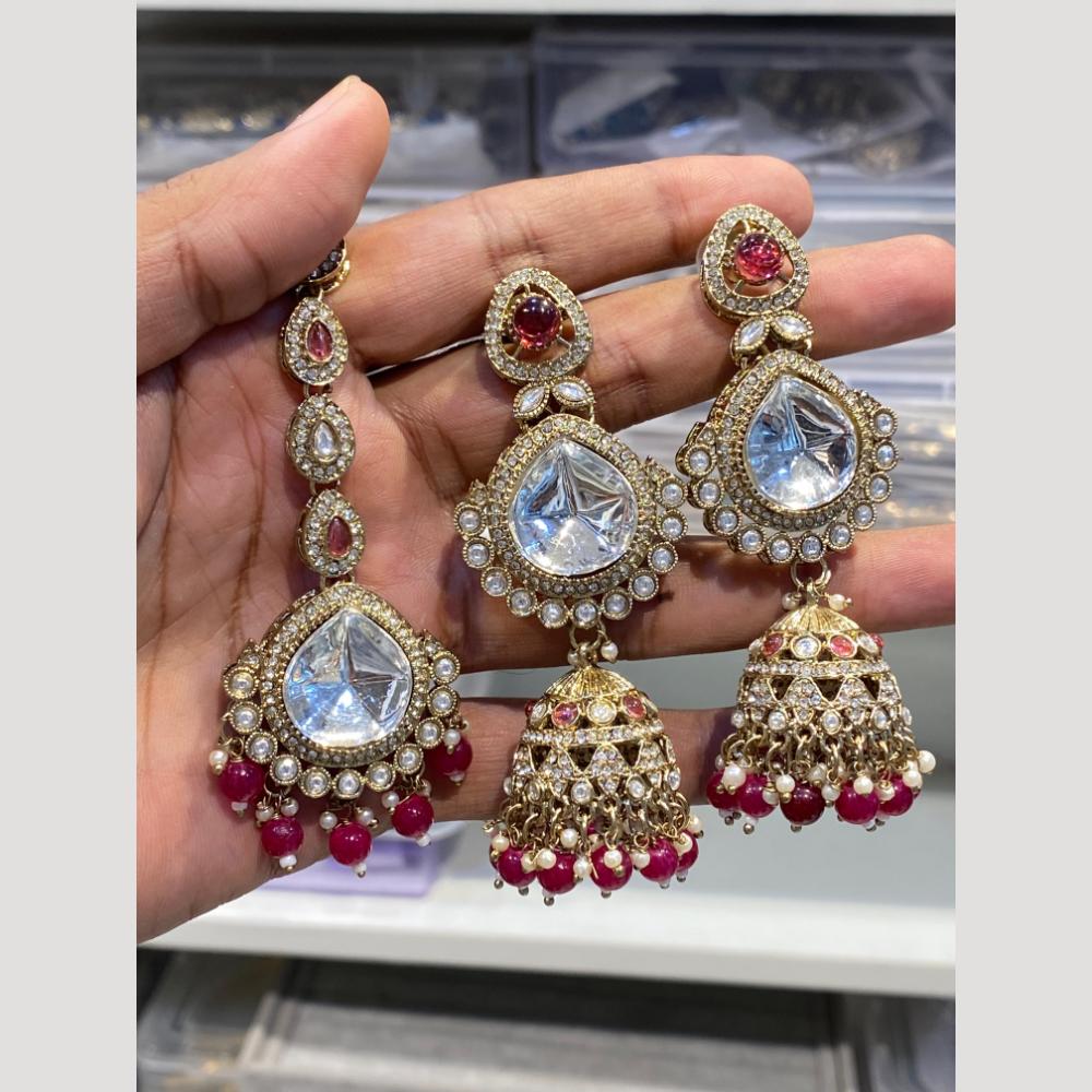 Hira Collections Sparkling Crystal Stone & Beads Earrings With Maangtikka