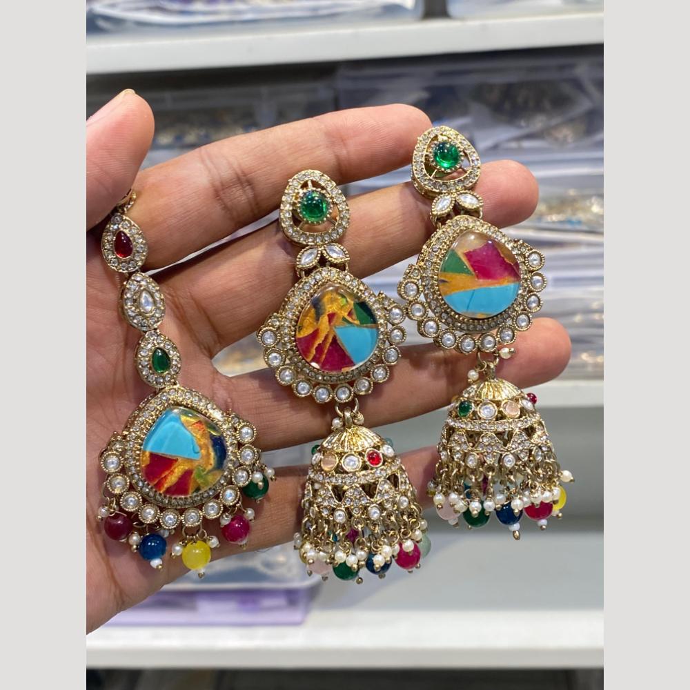 Hira Collections Luxury Razin Stone Earrings with Maangtikka for Every Occasion
