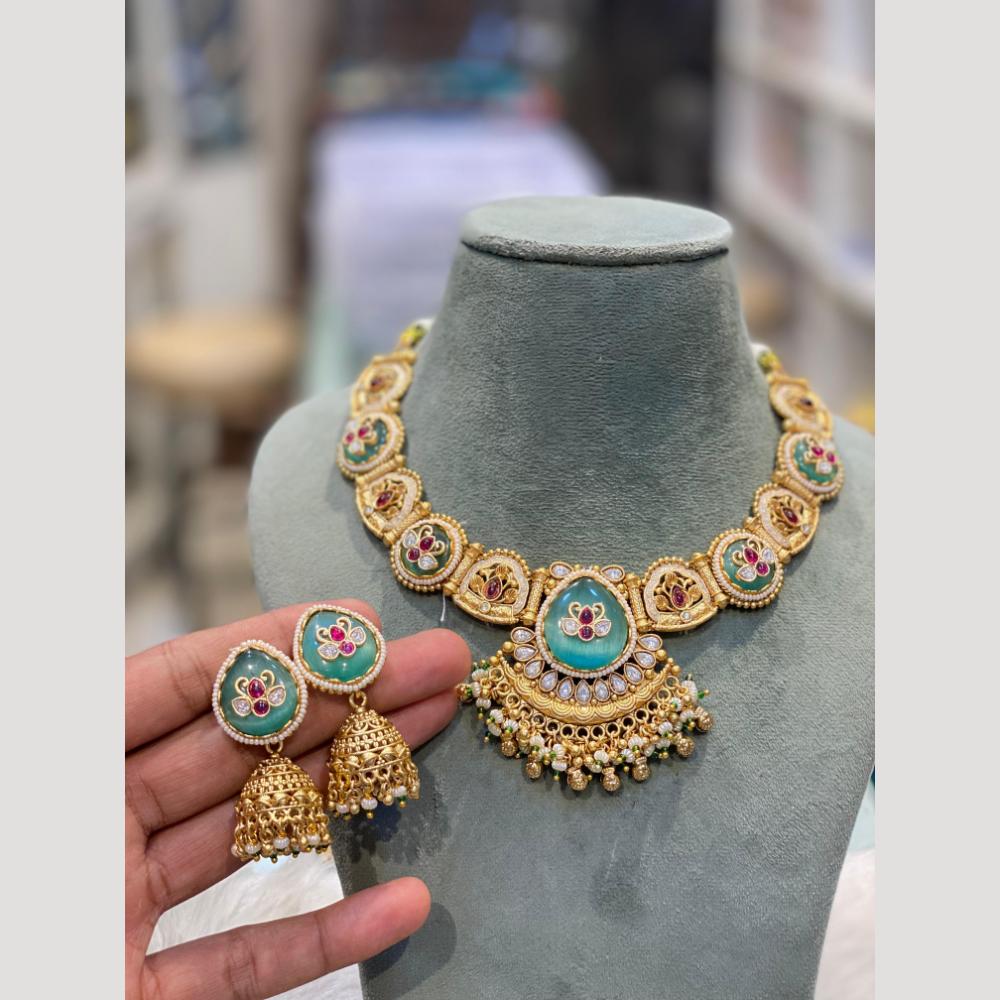 Hira Collections Elegant Pota Stone and Kundan Necklace Set with Timeless Ethnic Charm