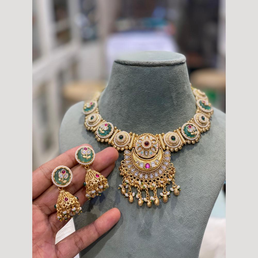 Hira Collections Elegant Pota Stone and Kundan Necklace Set with Timeless Ethnic Charm