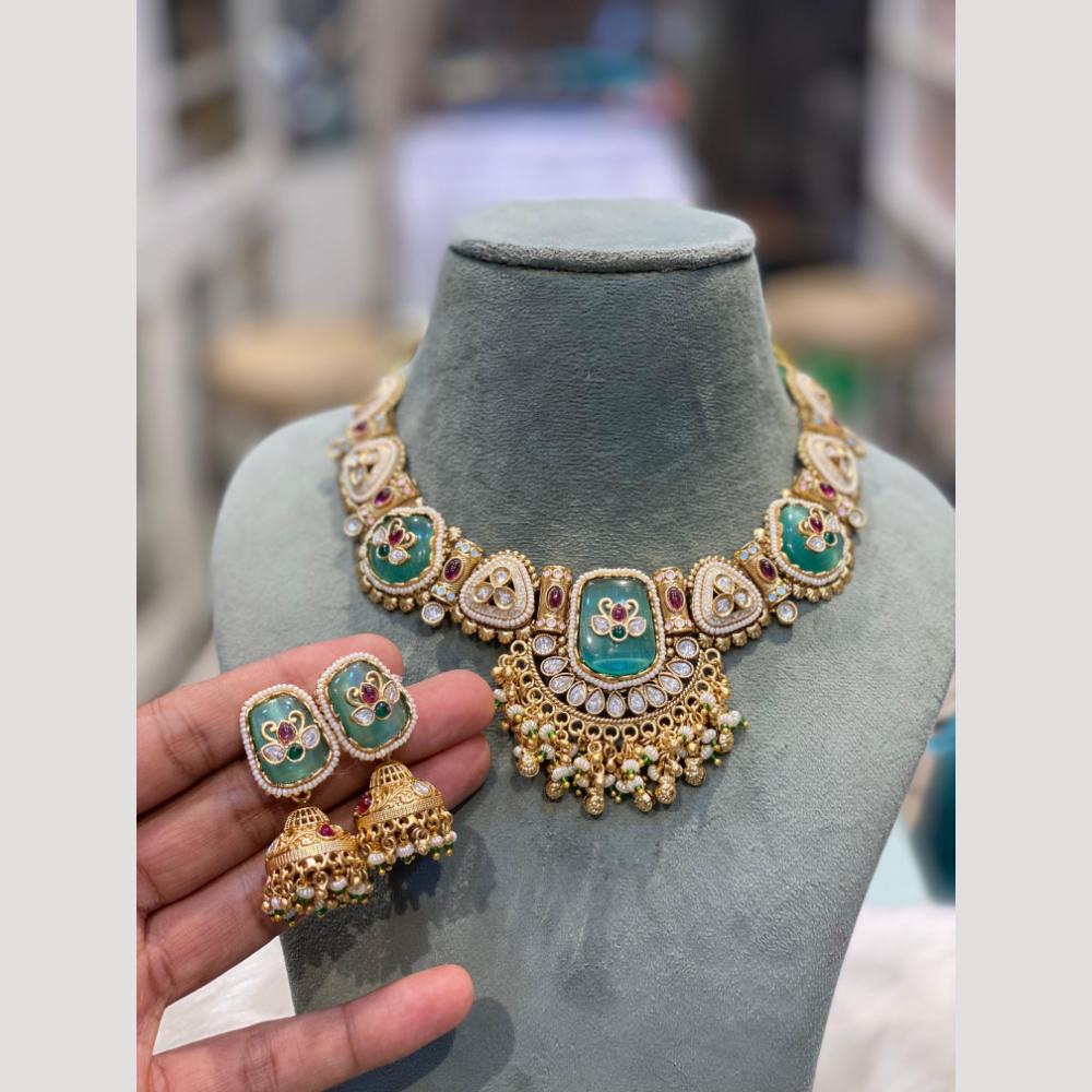 Hira Collections Elegant Pota Stone and Kundan Necklace Set with Timeless Ethnic Charm