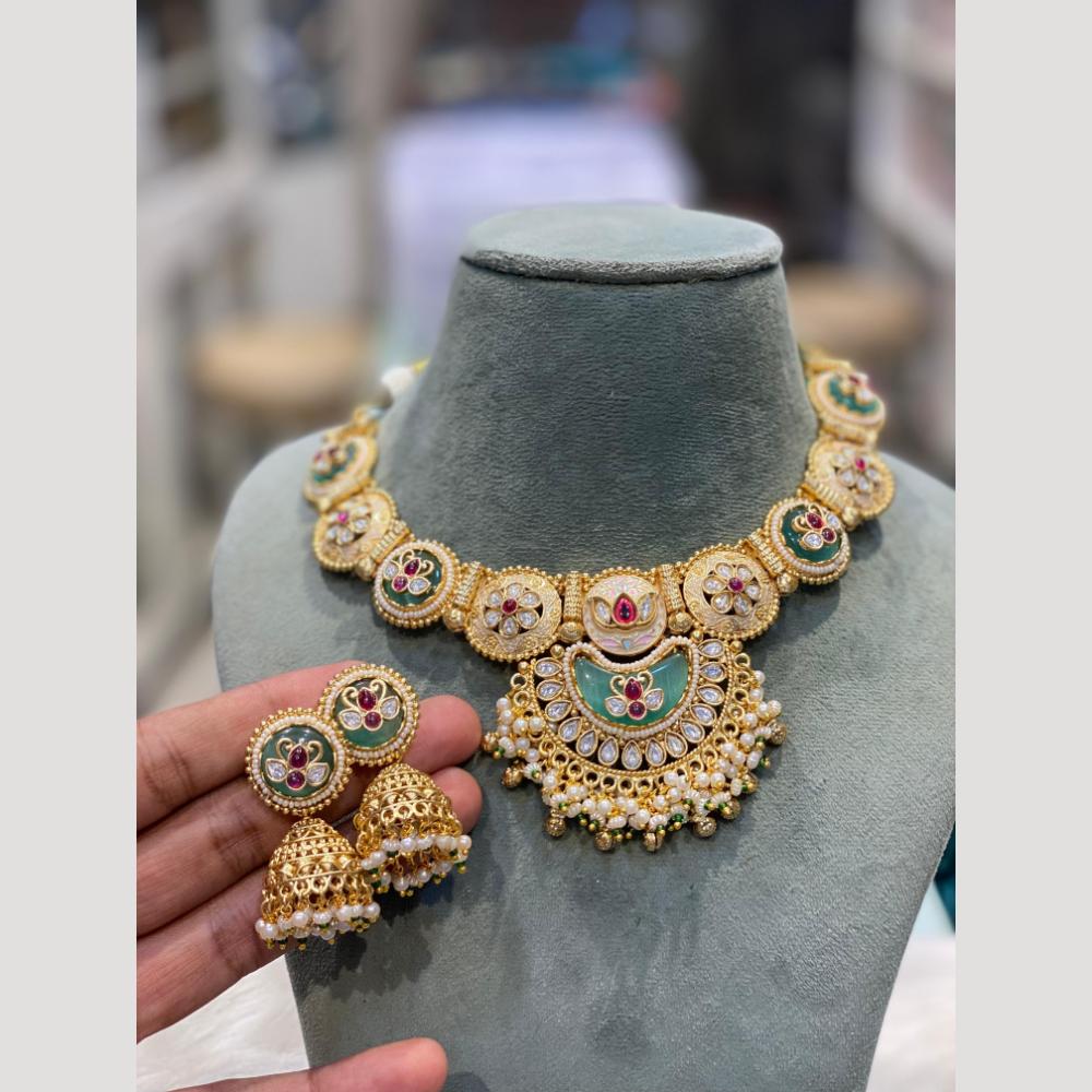 Hira Collections Elegant Pota Stone and Kundan Necklace Set with Timeless Ethnic Charm