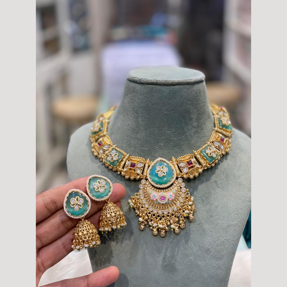Hira Collections Elegant Pota Stone and Kundan Necklace Set with Timeless Ethnic Charm