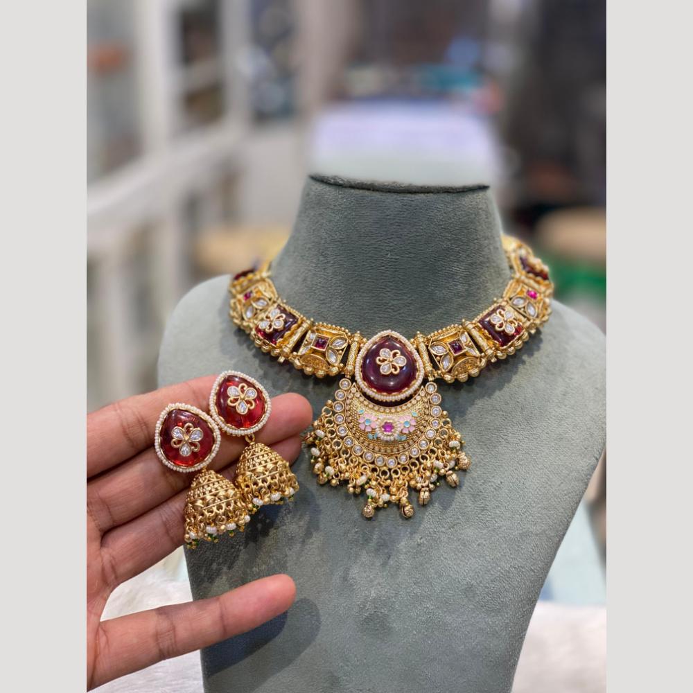 Hira Collections Elegant Pota Stone and Kundan Necklace Set with Timeless Ethnic Charm