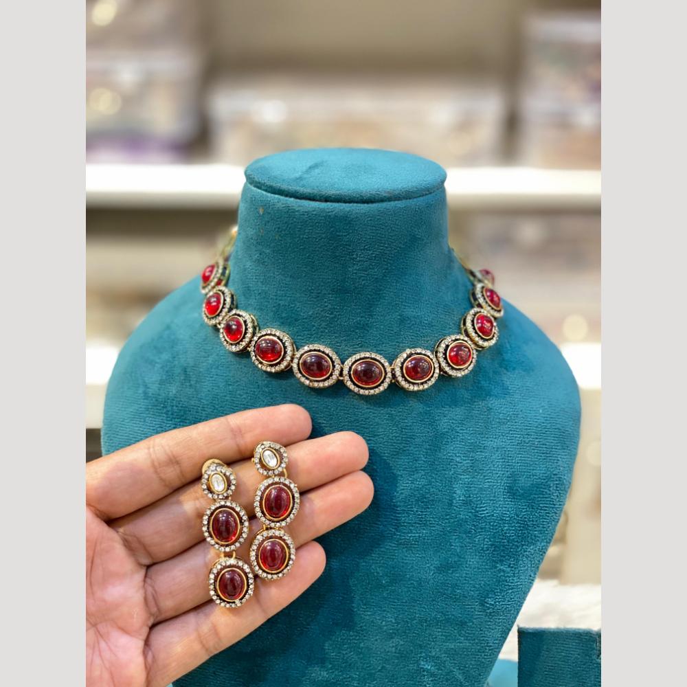 Hira Collections Antique Finish Pota Stone And Austrian Stone Necklace Set
