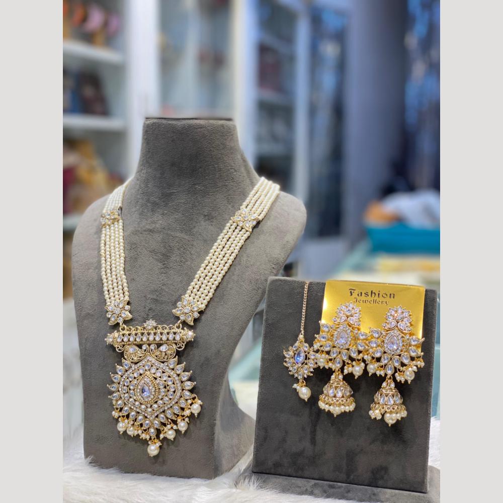 Hira Collections Premium Kundan And Austrian Stone Pearl Semi Long Necklace Set