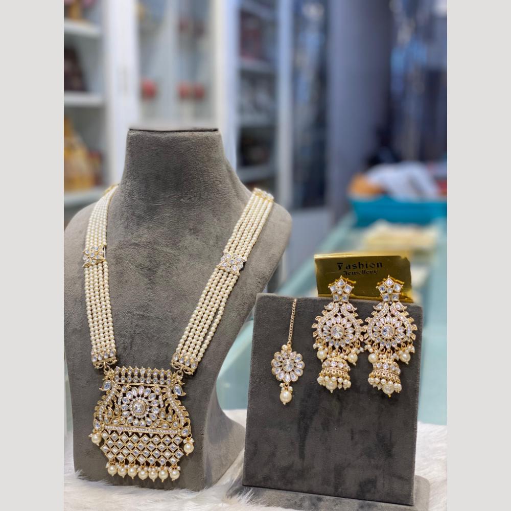 Hira Collections Premium Kundan And Austrian Stone Pearl Semi Long Necklace Set