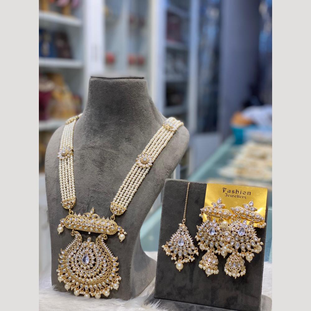 Hira Collections Premium Kundan And Austrian Stone Pearl Semi Long Necklace Set