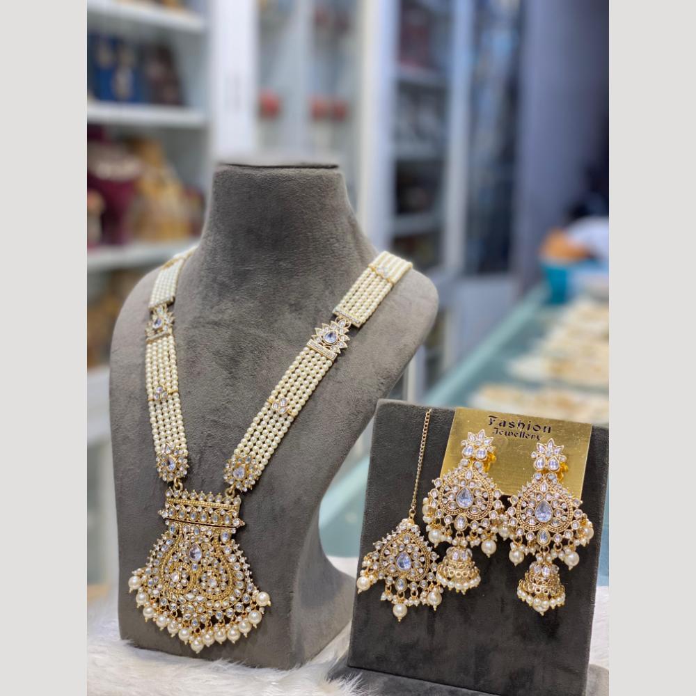 Hira Collections Premium Kundan And Austrian Stone Pearl Semi Long Necklace Set