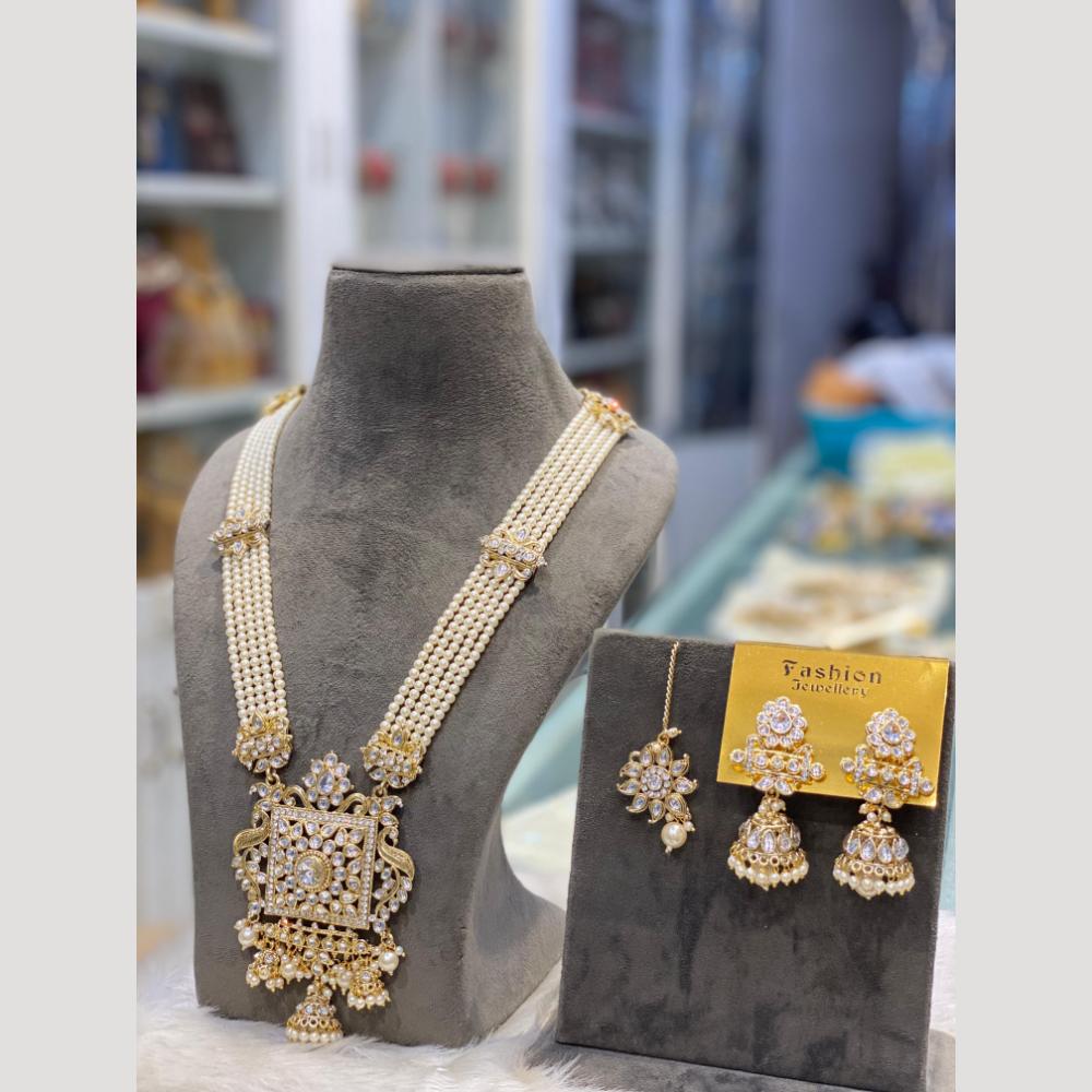 Hira Collections Premium Kundan And Austrian Stone Pearl Semi Long Necklace Set