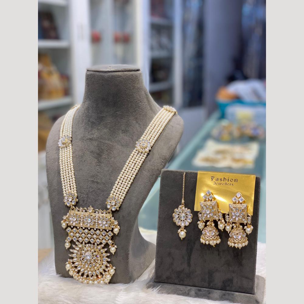 Hira Collections Premium Kundan And Austrian Stone Pearl Semi Long Necklace Set