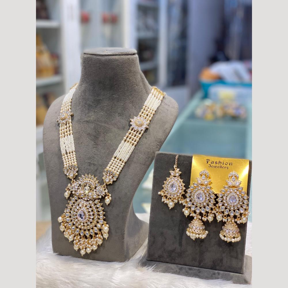 Hira Collections Premium Kundan And Austrian Stone Pearl Semi Long Necklace Set