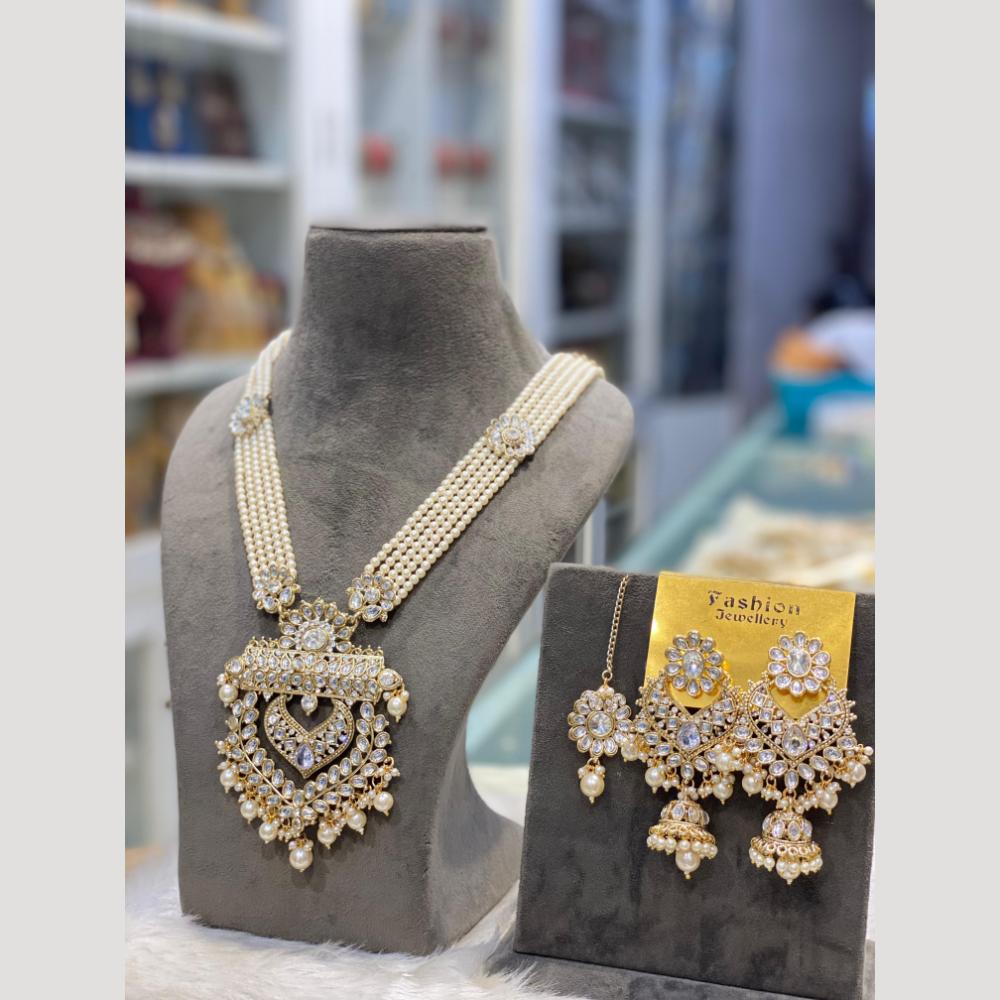 Hira Collections Premium Kundan And Austrian Stone Pearl Semi Long Necklace Set