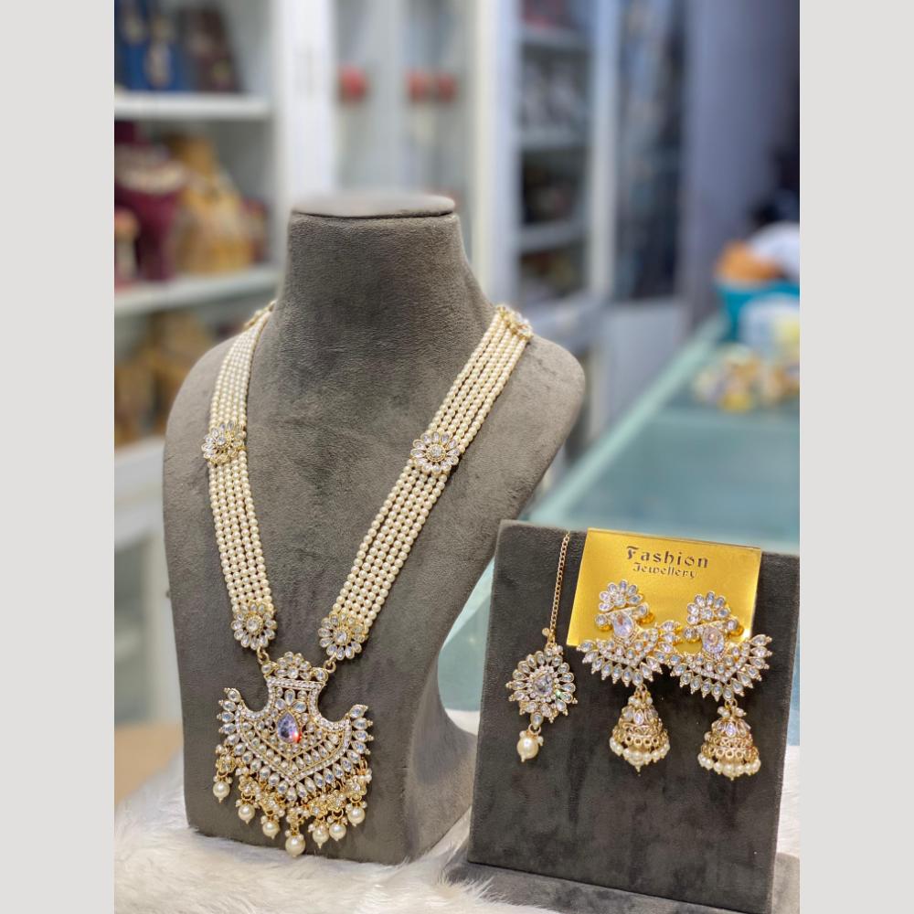 Hira Collections Premium Kundan And Austrian Stone Pearl Semi Long Necklace Set