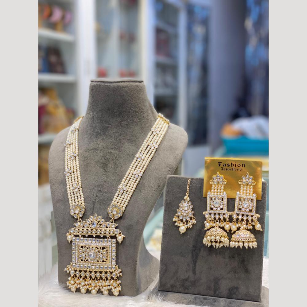 Hira Collections Premium Kundan And Austrian Stone Pearl Semi Long Necklace Set