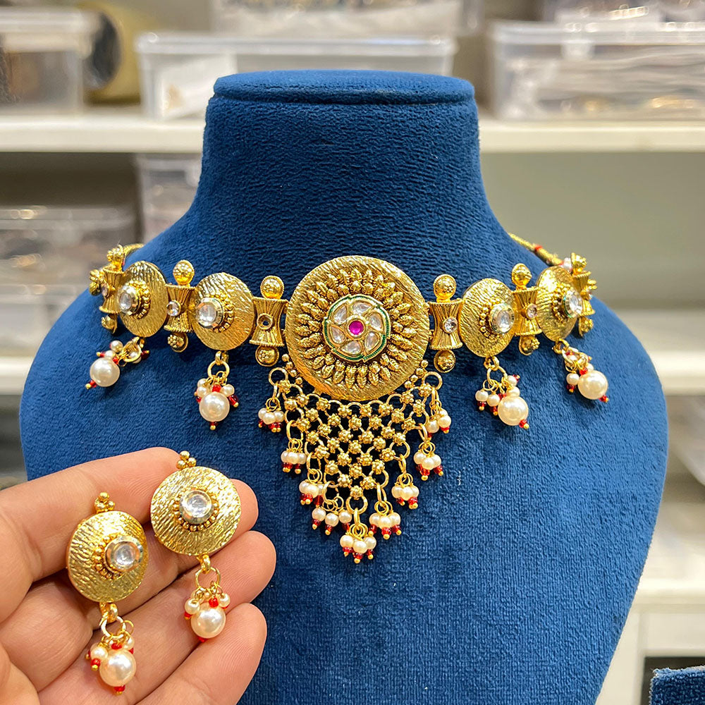 Hira Collection Traditional Kundan And Pearl Choker Necklace Set