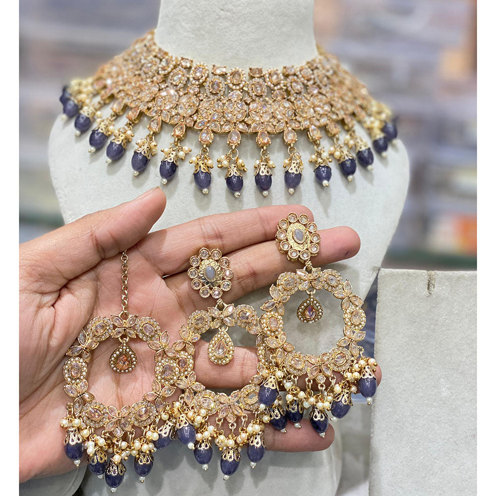 Hira Collection Luxury Crystal And Pearl Choker Necklace Set With Maangtikka